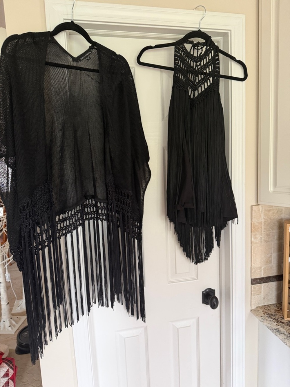 Boston Proper Black Crochet Cover-Up with Velvet Trim